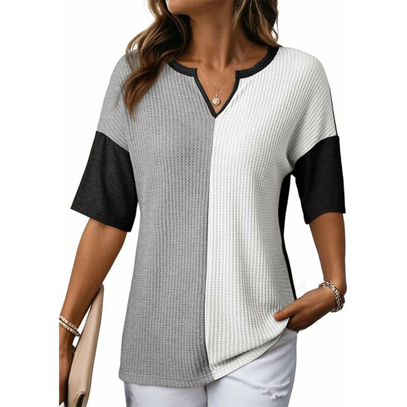 V-neck spliced loose short-sleeved top