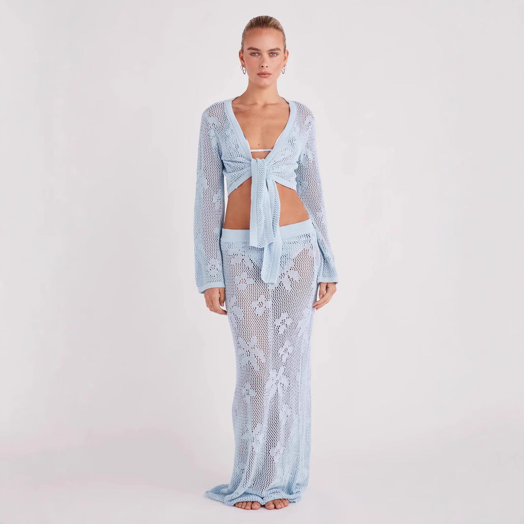 Floral Cut-Out Long-Sleeve Tie-Front Top and Maxi Skirt Set