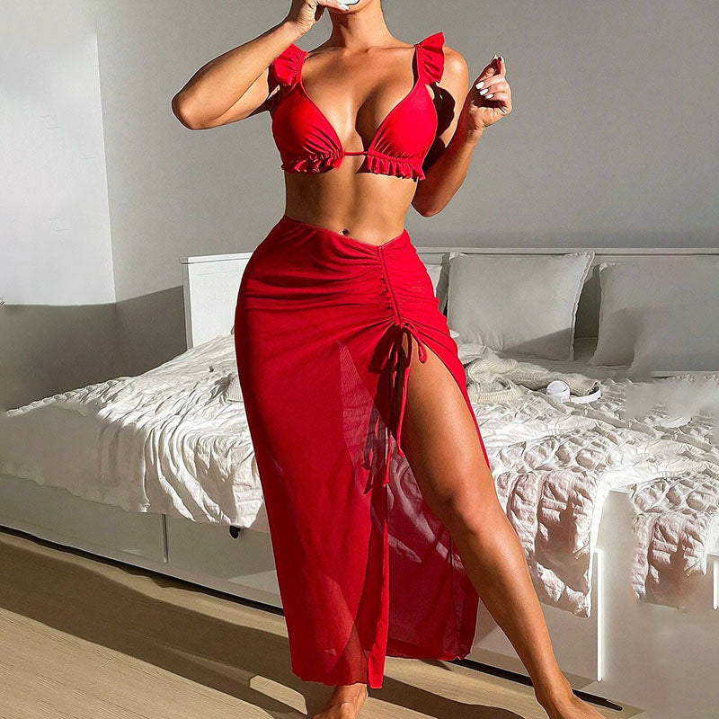 Ruffled bikini and mesh cover-up swimsuit three-piece set