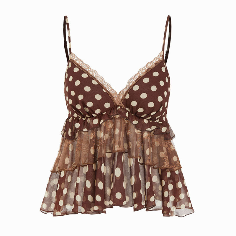 V-neck layered mesh ruffled spaghetti strap top
