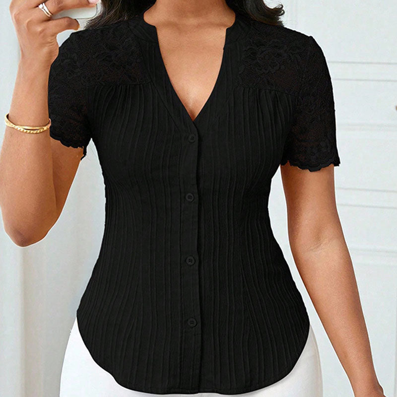 Short-sleeve V-neck shirt with lace splicing