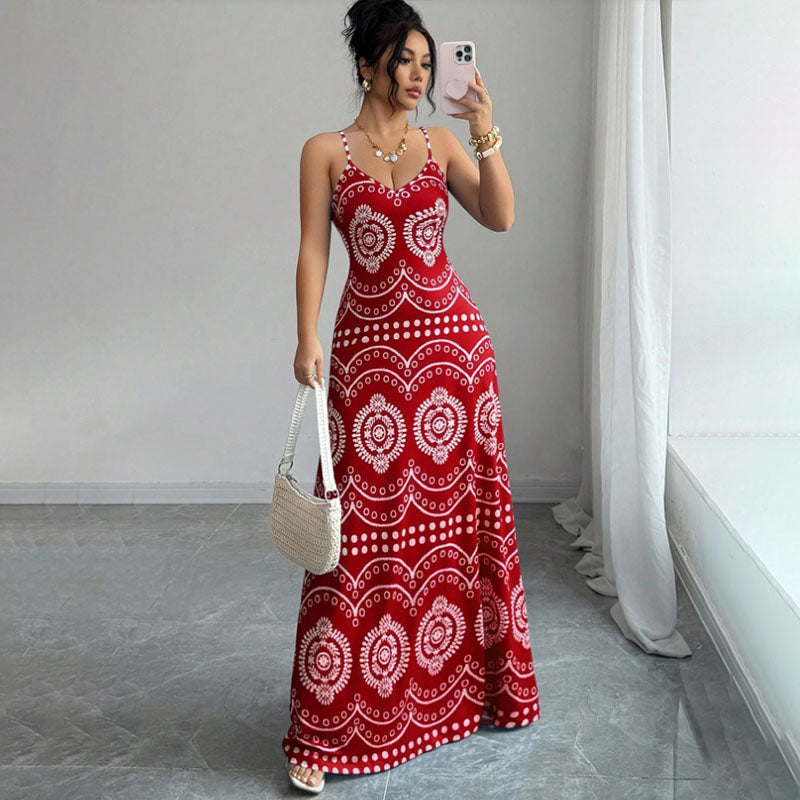 Retro Geometric Print Slim-Fit Camisole Dress