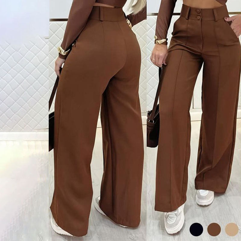 Double-button high-waisted straight-leg suit pants