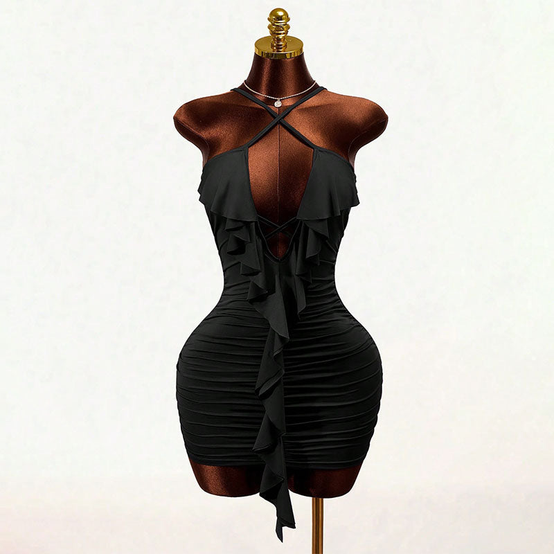 Crisscross Ruffled Pleated Slim-Fit Dress