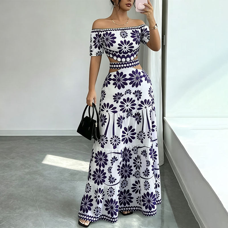 Off-the-shoulder cut-out printed dress