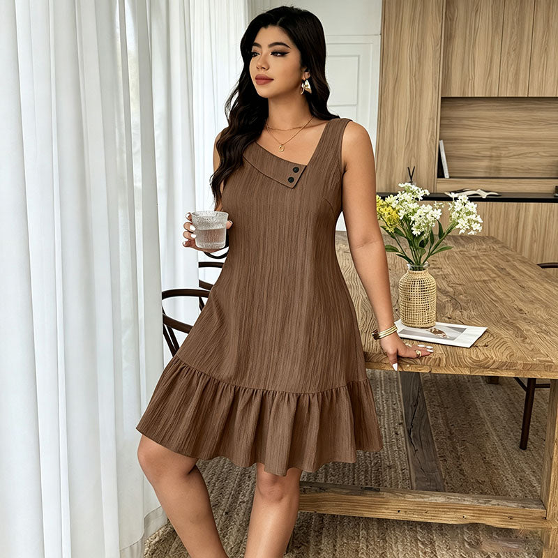 Asymmetric-neck sleeveless ruffle dress