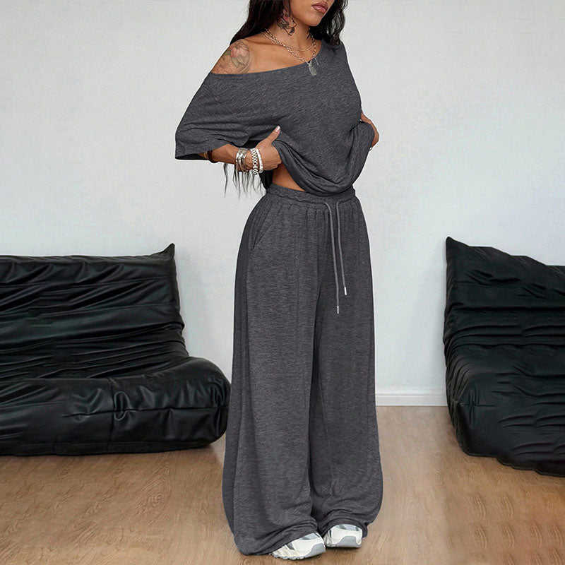 Off-shoulder short-sleeve top and wide-leg trousers set