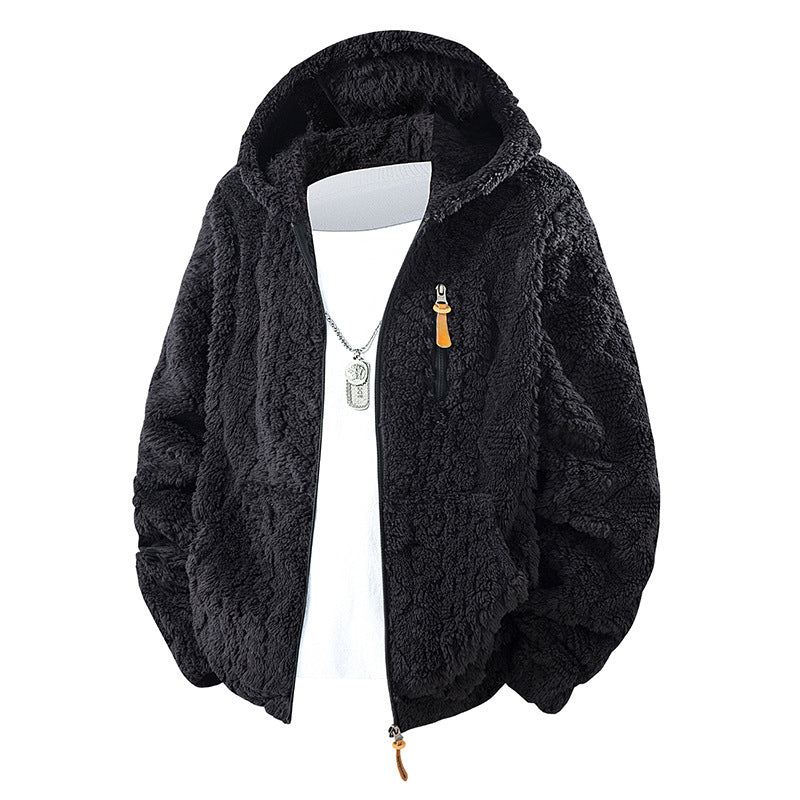 Men's fleece-lined hooded loose-fitting jacket