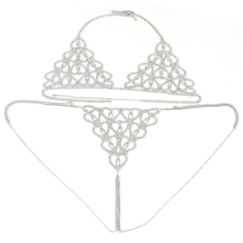 Rhinestone Heart Bra & Panty Body Chain Set