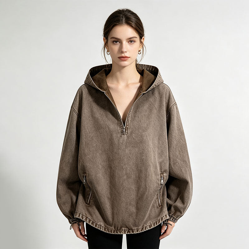 Retro washed hooded loose top