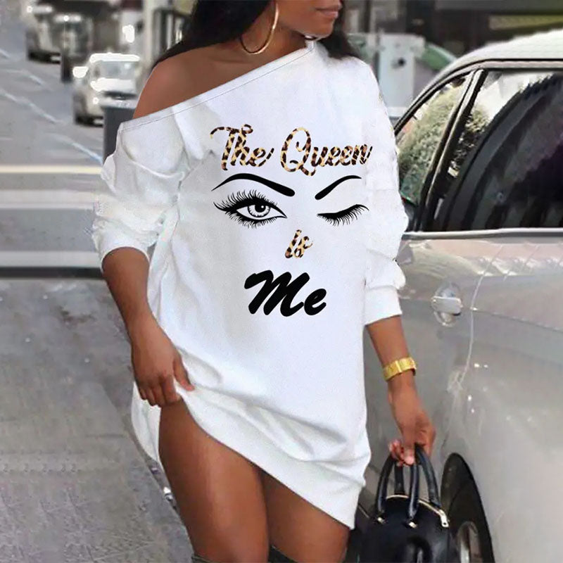 One-shoulder printed casual long-sleeve T-shirt dress