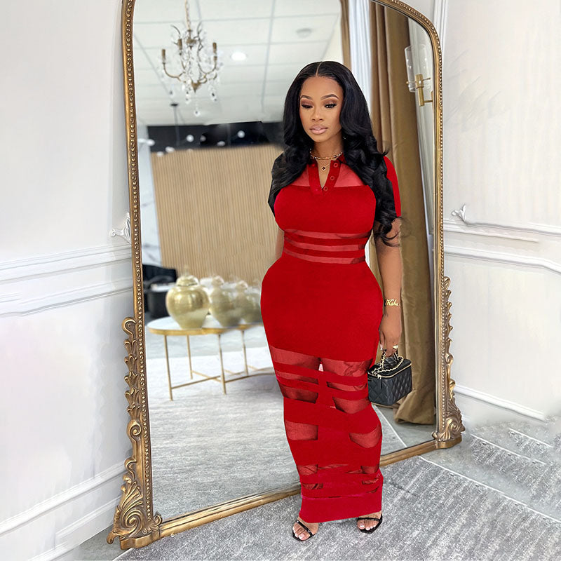 Striped Mesh Cutout Slim-Fit Maxi Dress