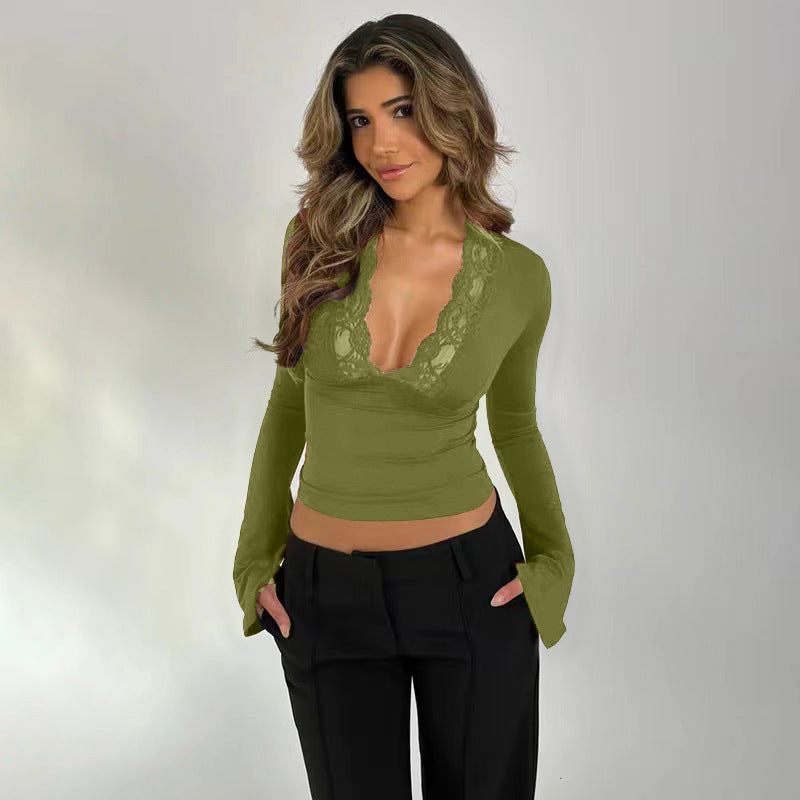 Lace V-neck flared long-sleeved cropped top