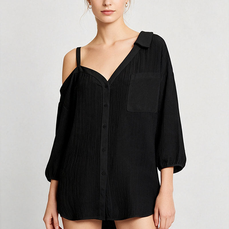 Asymmetric one-shoulder camisole-style collared shirt