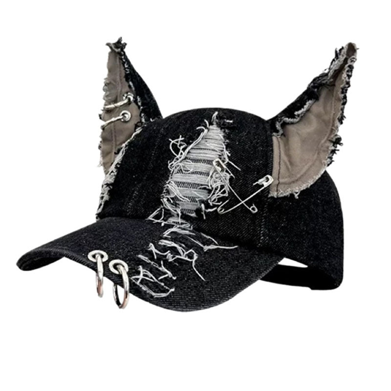 Ripped denim animal ear street style hat