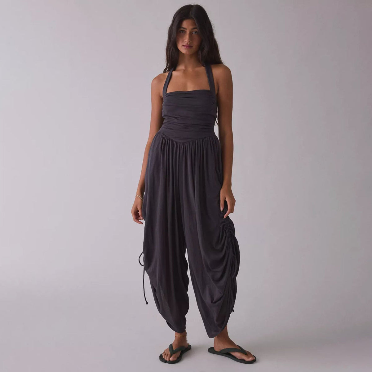 Square-neck back-tie loose harem jumpsuit