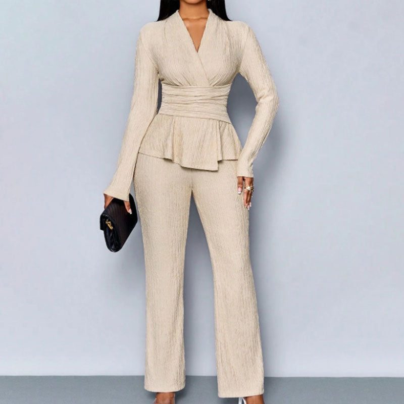 Long-sleeve V-neck waist-cinching top and trousers set