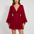 V-neck flared long-sleeved fitted waist dress