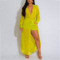 Sheer long-sleeved side-slit long shirt and shorts set