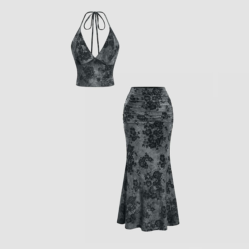 Vintage-print camisole and fishtail skirt set