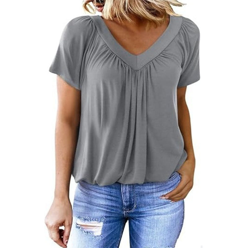 Casual V-neck pleated short-sleeve top
