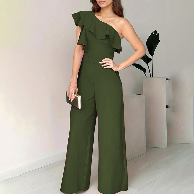 One-shoulder ruffled high-waisted wide-leg jumpsuit
