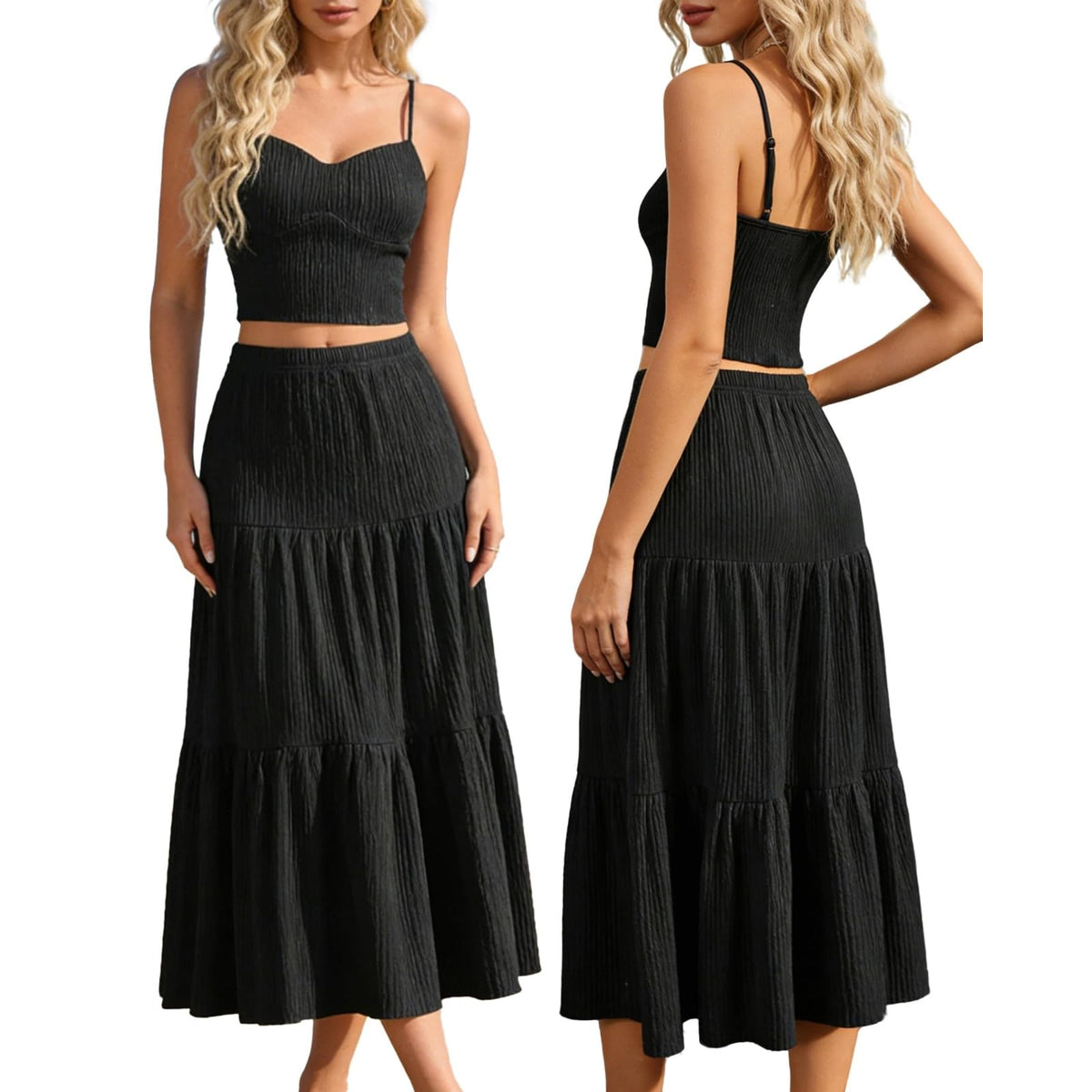 Heart-shaped neckline textured camisole top and long skirt set