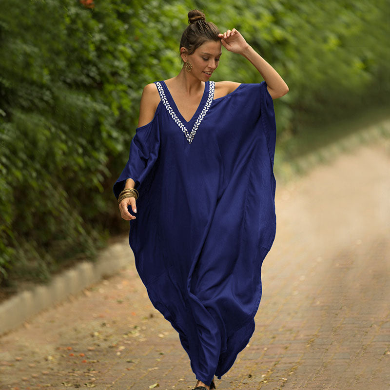 V-neck loose-fitting off-shoulder beach sun protection dress
