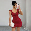 Front-Lace-Up Ruffled Waist-Cinched Slim-Fit Dress