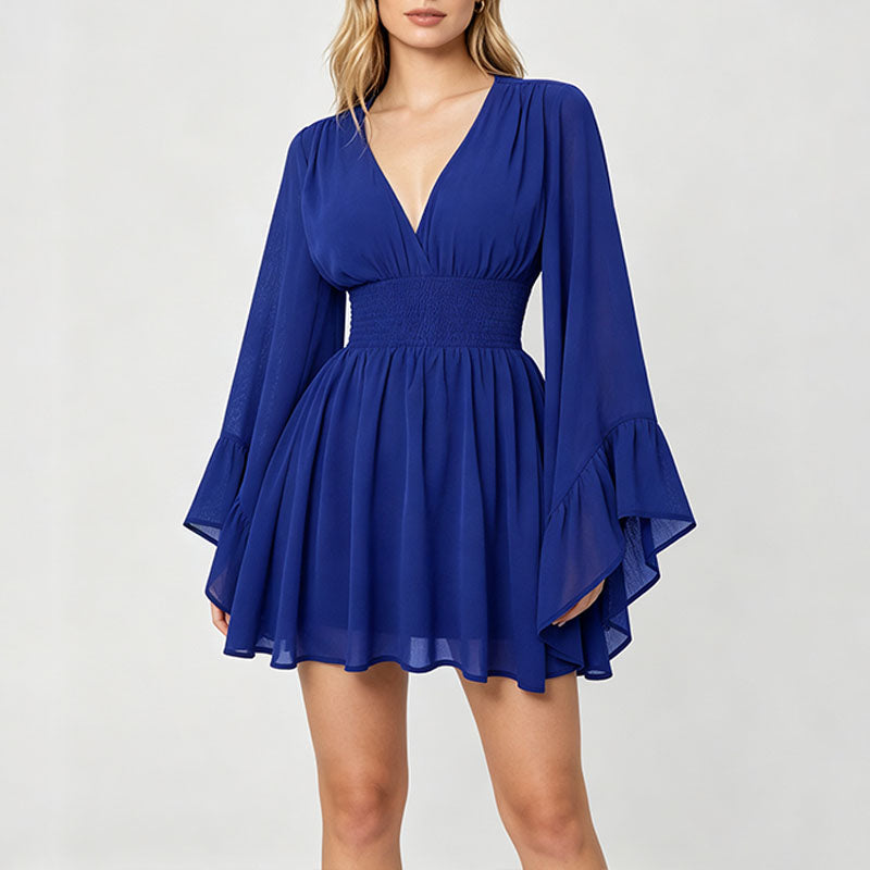V-neck flared long-sleeved fitted waist dress