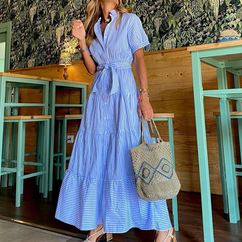 Striped layered hem long shirt dress