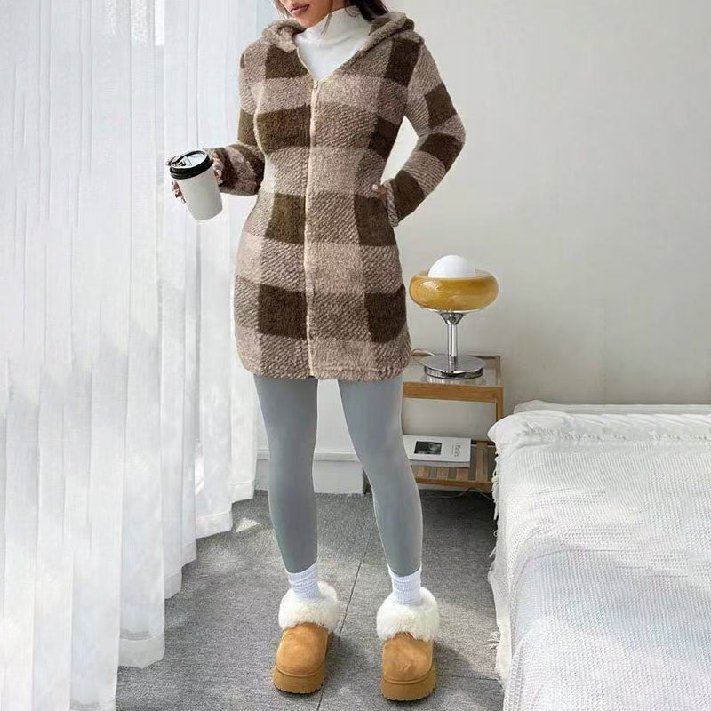 Plaid plush hooded zip-up jacket