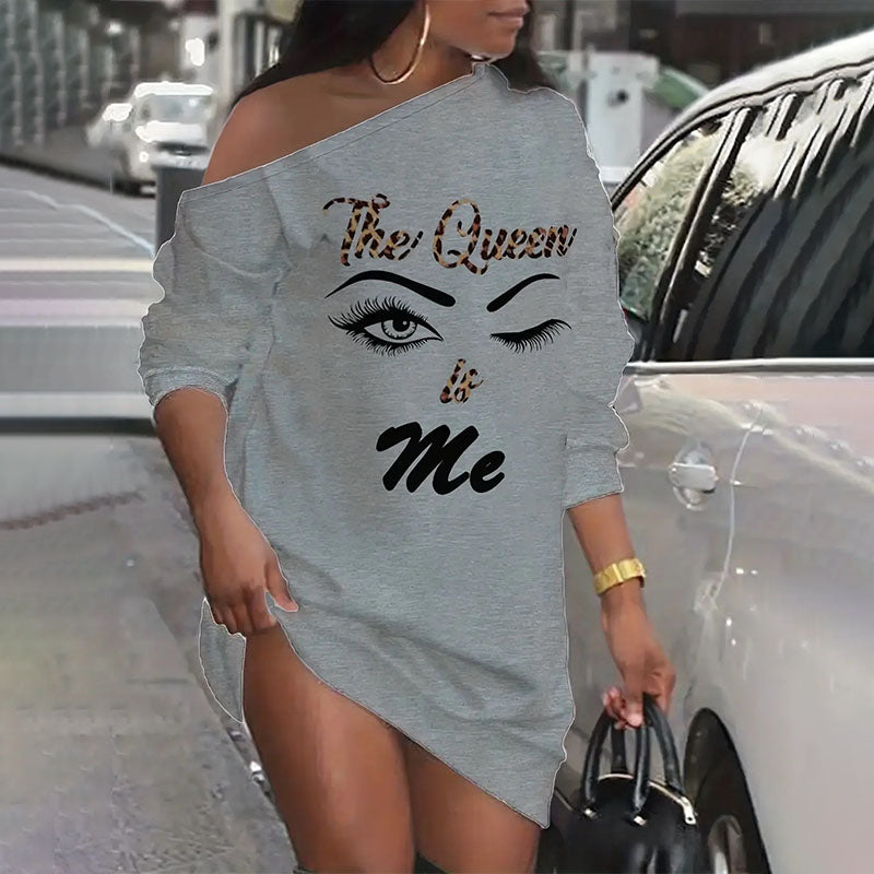 One-shoulder printed casual long-sleeve T-shirt dress