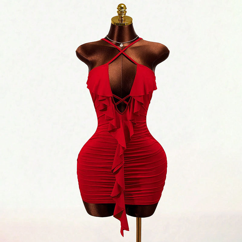 Crisscross Ruffled Pleated Slim-Fit Dress