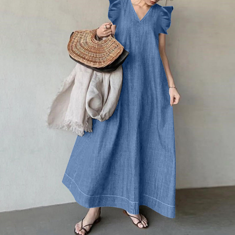 V-neck loose denim dress