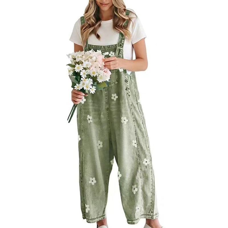 Floral denim wide-leg overalls