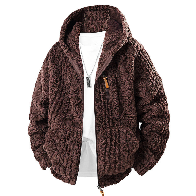 Men's fleece-lined hooded loose-fitting jacket