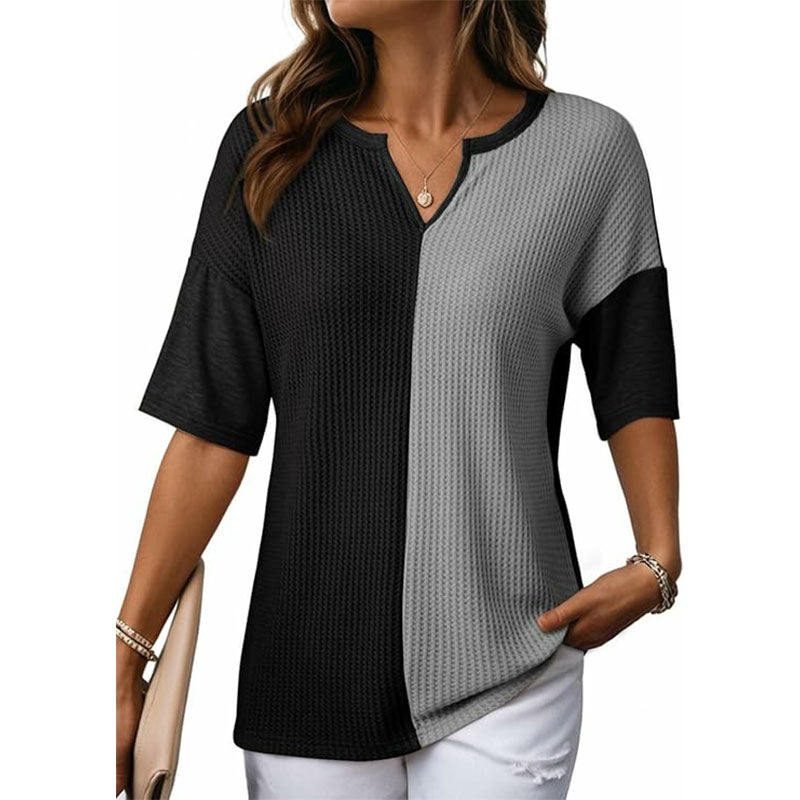 V-neck spliced loose short-sleeved top