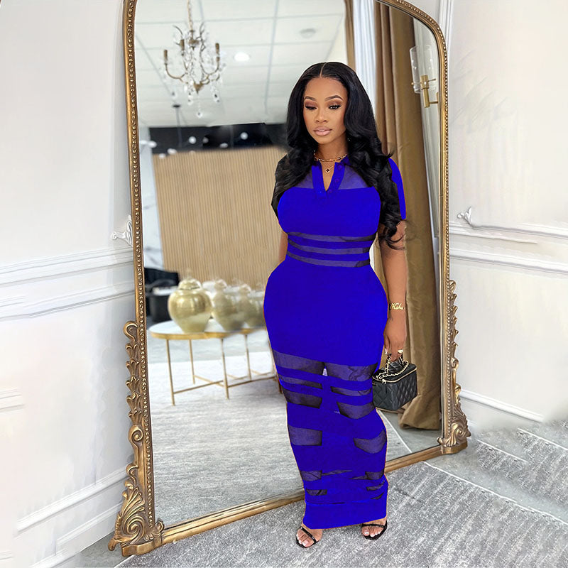 Striped Mesh Cutout Slim-Fit Maxi Dress