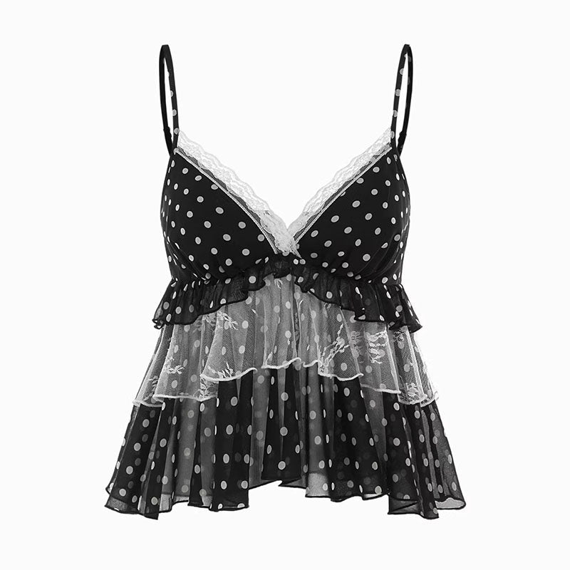 V-neck layered mesh ruffled spaghetti strap top