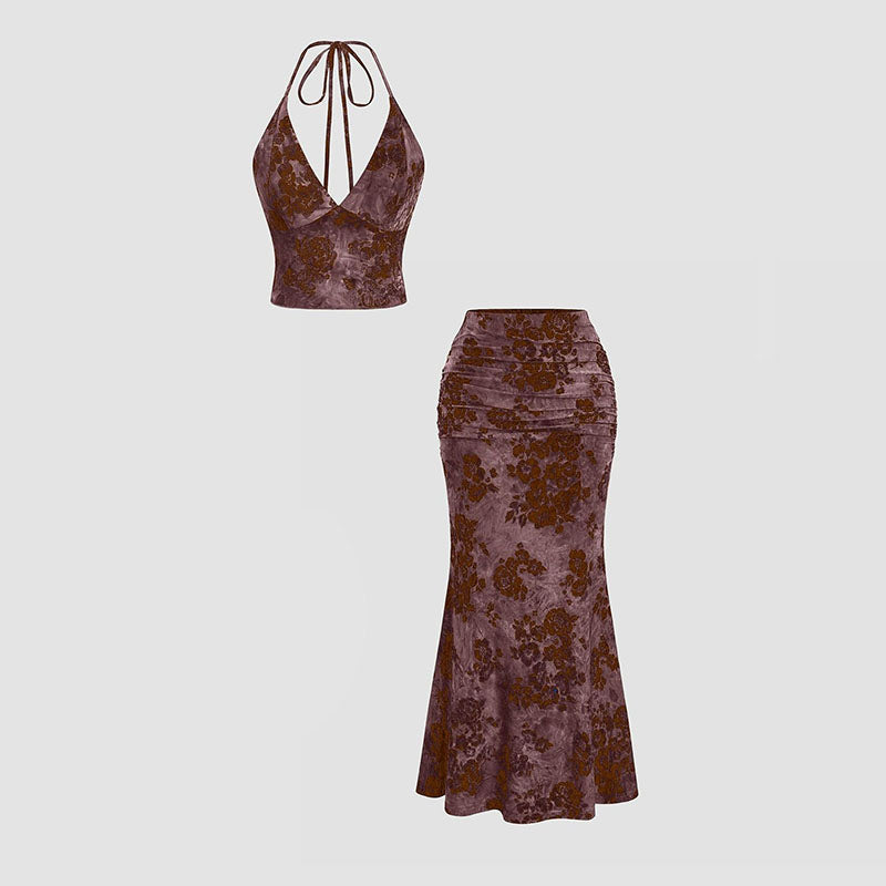 Vintage-print camisole and fishtail skirt set