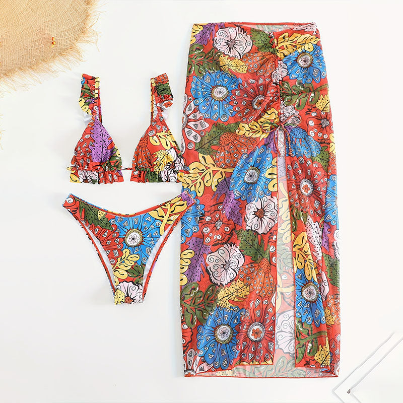 Ruffled bikini and mesh cover-up swimsuit three-piece set