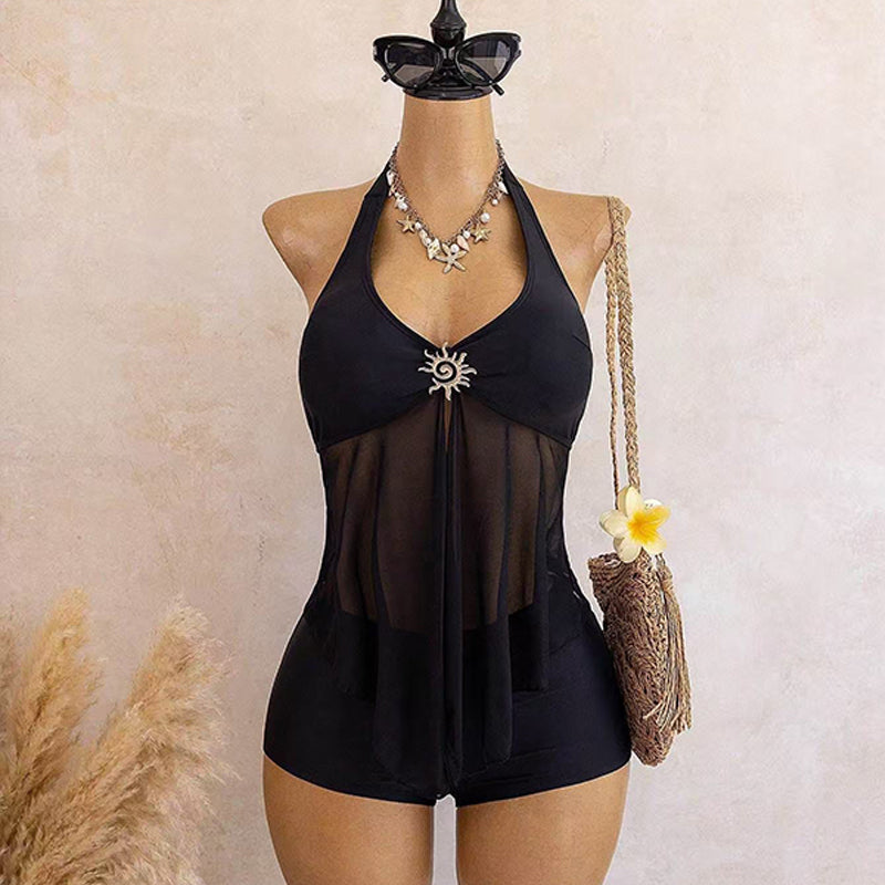 Halter neck deep V mesh swimsuit and swim trunks two-piece set
