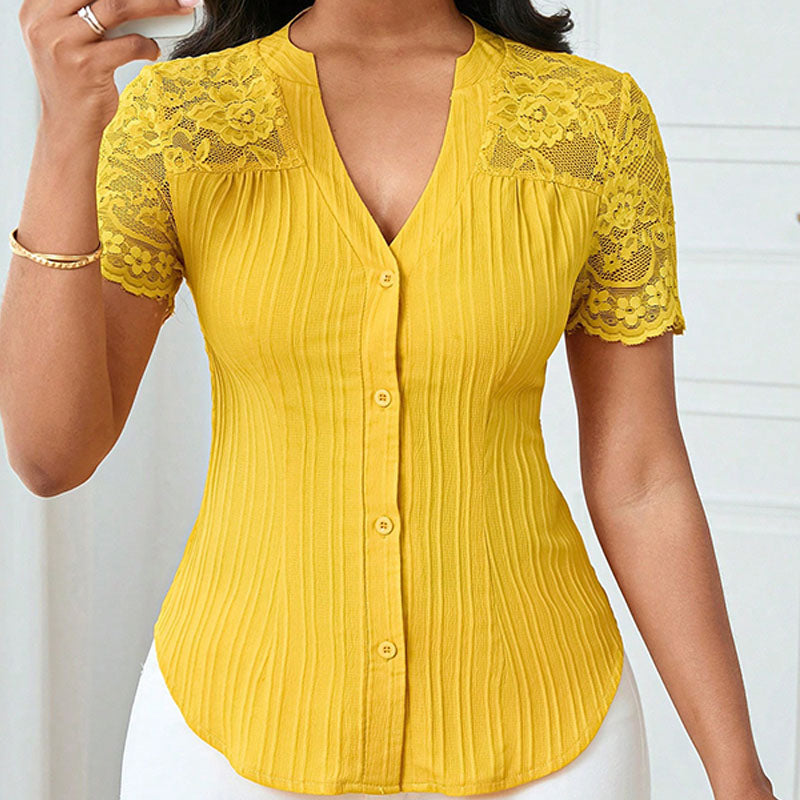 Short-sleeve V-neck shirt with lace splicing