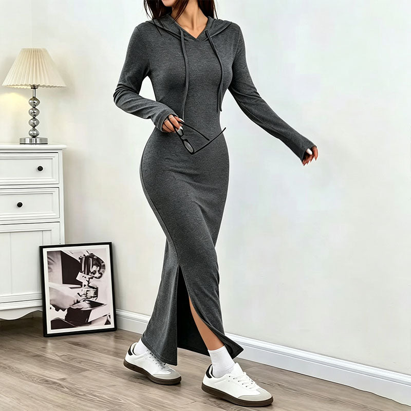 Casual side-slit hooded long dress