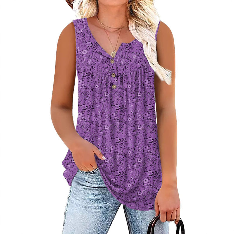 Button-down V-neck floral sleeveless top