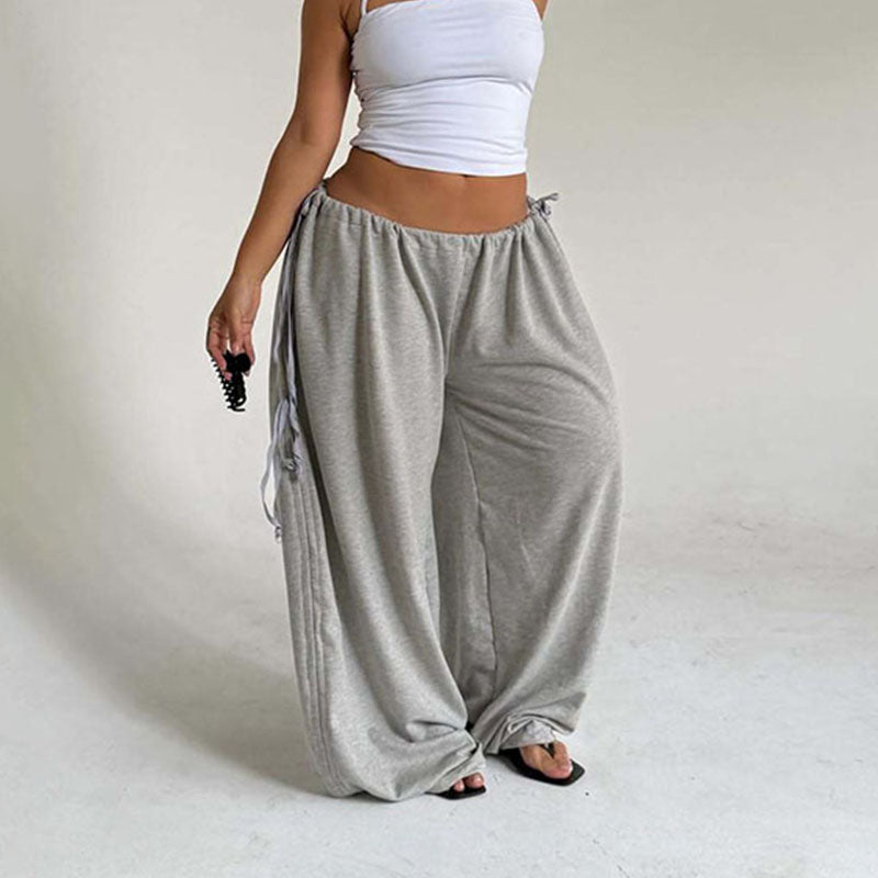 Side-drawstring ruched wide-leg trousers