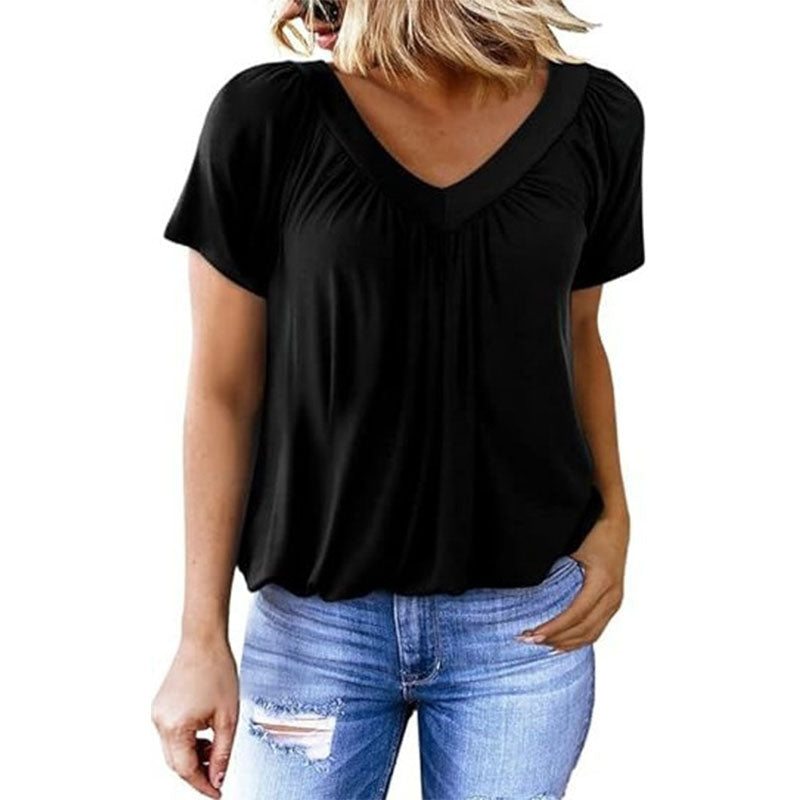 Casual V-neck pleated short-sleeve top