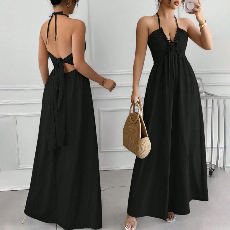 Front-pleated V-neck backless long dress