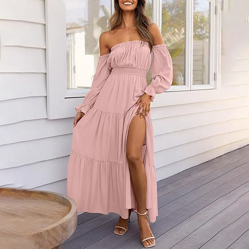 Off-shoulder long-sleeved cinched waist layered dress